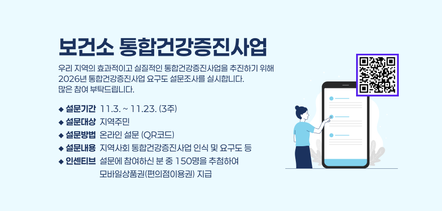 보건소 통합건강증진사업
우리 지역의 효과적이고 실질적인 통합건강증진사업을 추진하기 위해 2026년 통합건강증진사업 요구도 설문조사를 실시합니다. 많은 참여 부탁드립니다.
설문기간 : 11.3. ~ 11.23. (3주)
설문대상 : 지역주민
설문방법 : 온라인 설문 (QR코드)
설문내용 : 지역사회 통합건강증진사업 인식 및 요구도 등
인센티브 : 설문에 참여하신 분 중 150명을 추첨하여 모바일상품권(편의점이용권) 지급
QR코드 링크 : https://m.site.naver.com/1Uprr